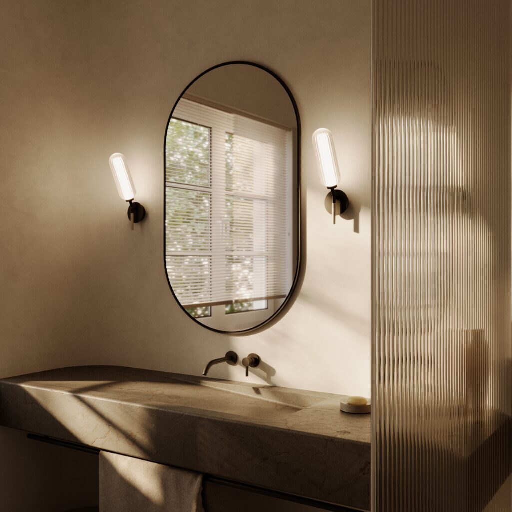 Aromas del Campo Lari opal-glass wall lights in a stone bathroom