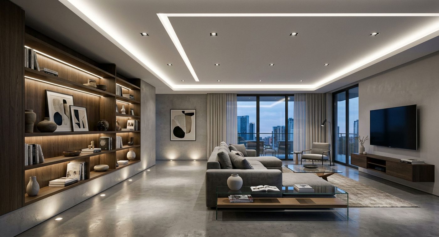 Modern living room with colour-changing LED strip and downlighting