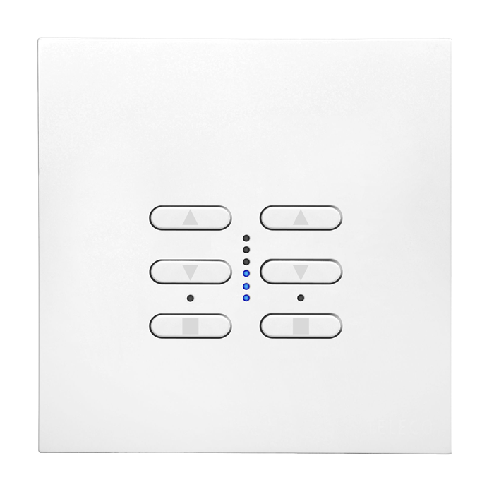 Wise Fusion wired master dimmer — two gangs of dim up, dim down and on/off, with a centre level bar