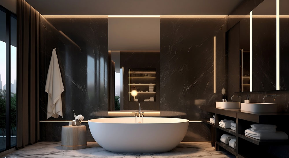 A dark bathroom with lit mirror recesses and a freestanding bath