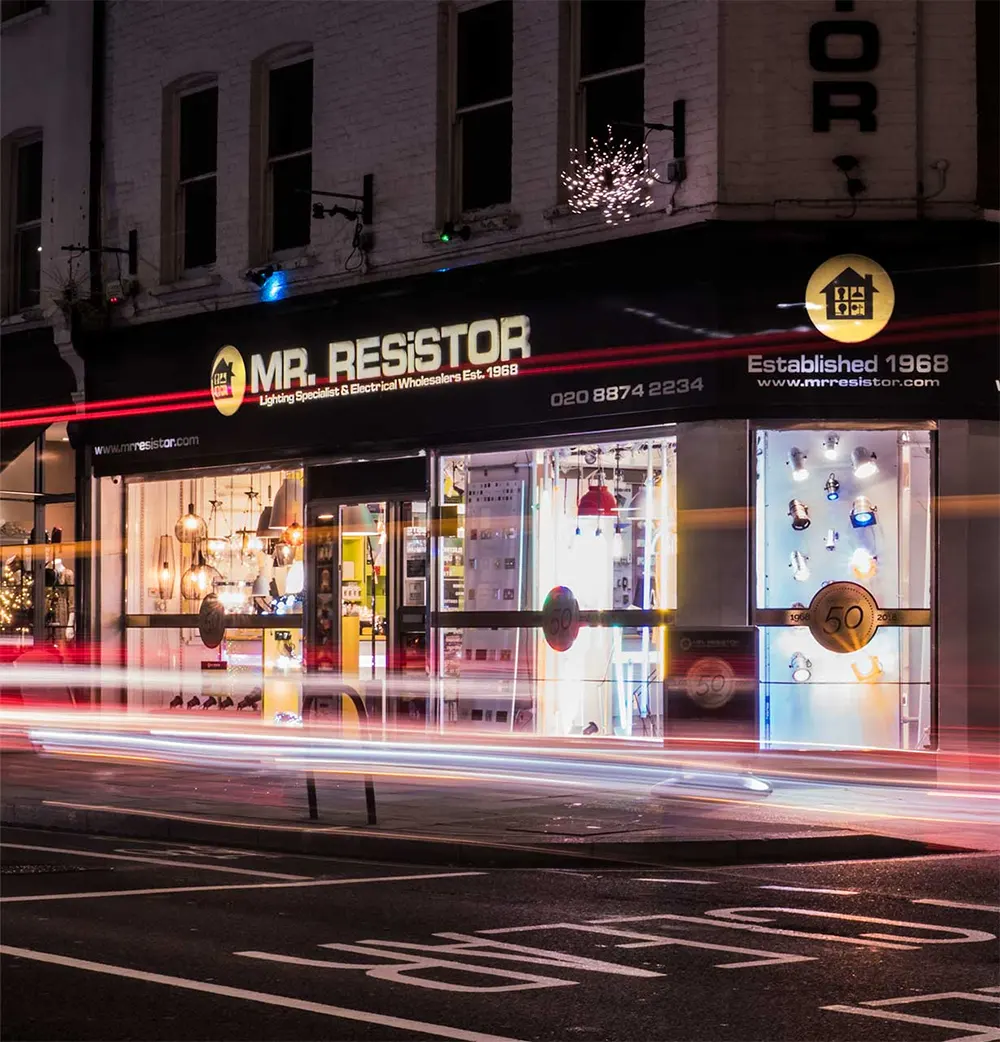 Inside the Mr Resistor showroom, with fittings lit on display