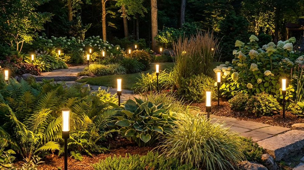 Plug and Play garden spike lighting illuminating a terrace and planting at dusk