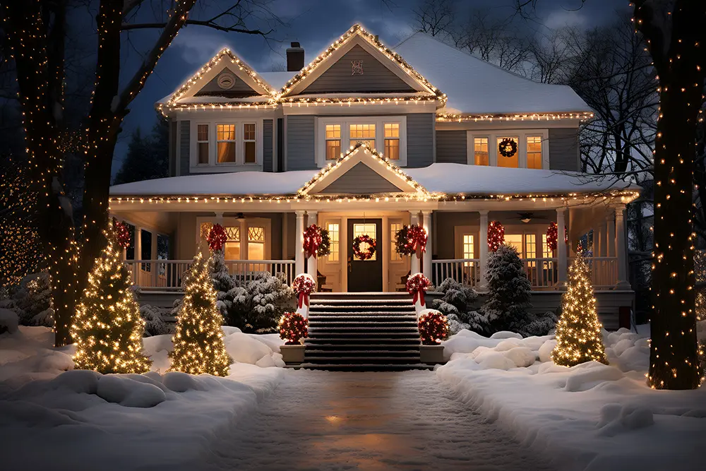 A house outlined in warm white Christmas lights with lit trees in the snow
