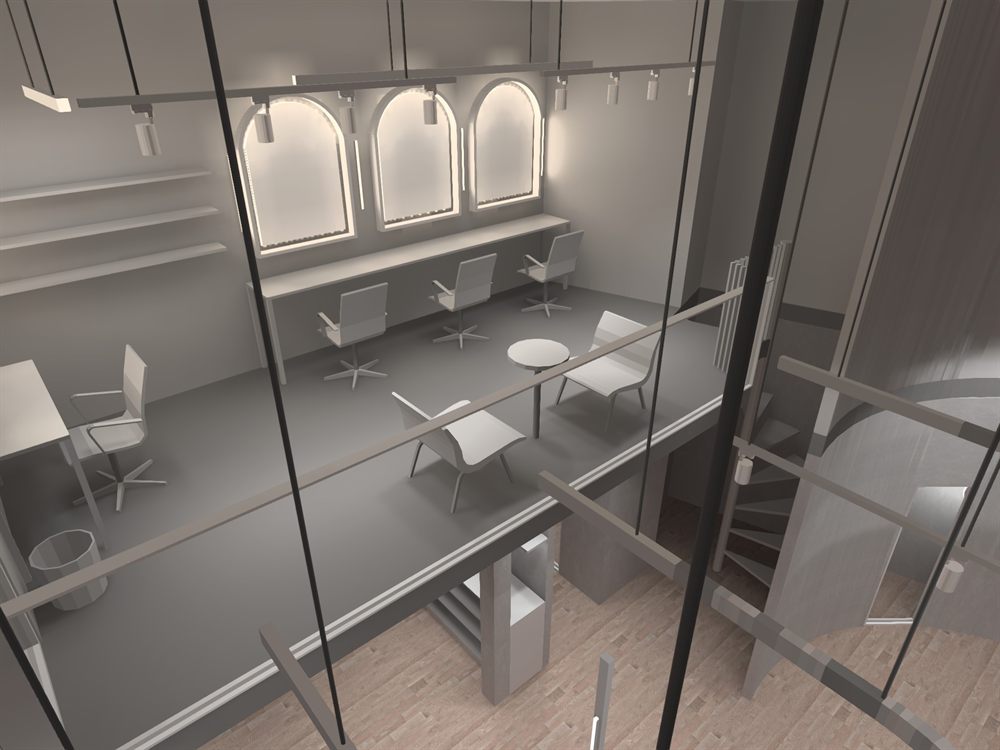 Close view of the mezzanine styling positions and track-mounted spotlights