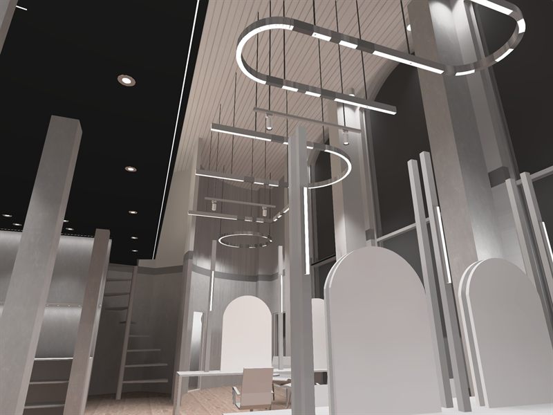 DIALux render of decorative pendants in a City of London salon lighting design