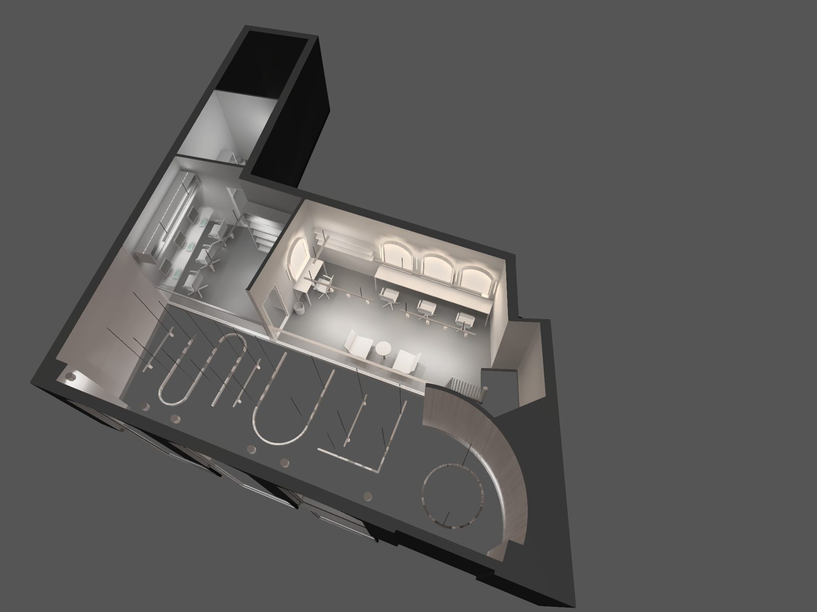 Cutaway view of the DIALux 3D model showing the salon's mezzanine level and the pendant layout below