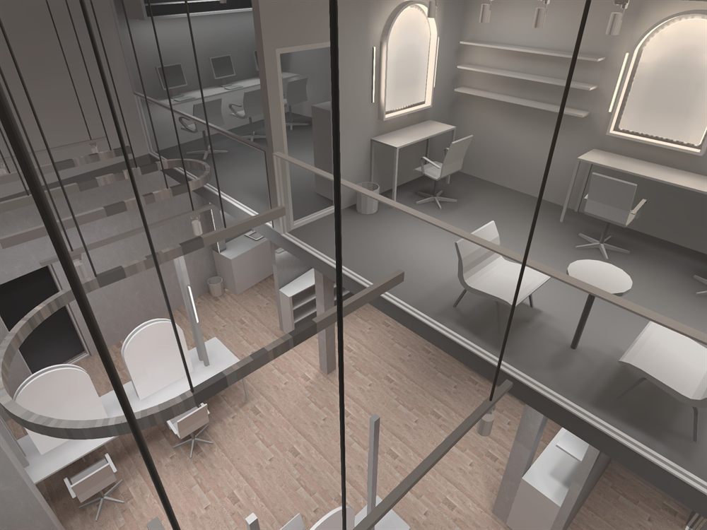 Overhead view through the salon void showing both floors lit
