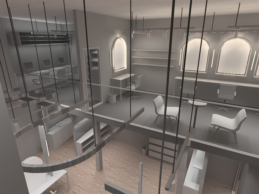 DIALux render of the salon showing the mezzanine level and double-height ground floor