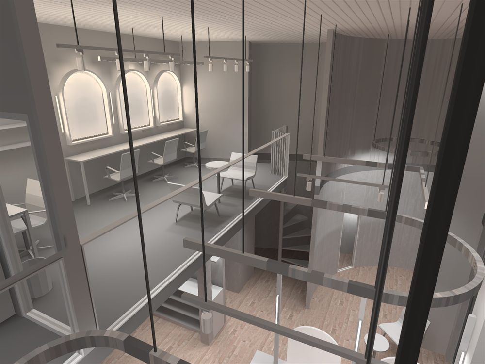 Salon mezzanine waiting and seating area with accent lighting