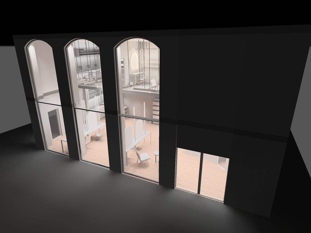 Elevation view of the salon shopfront showing the interior through arched glazing