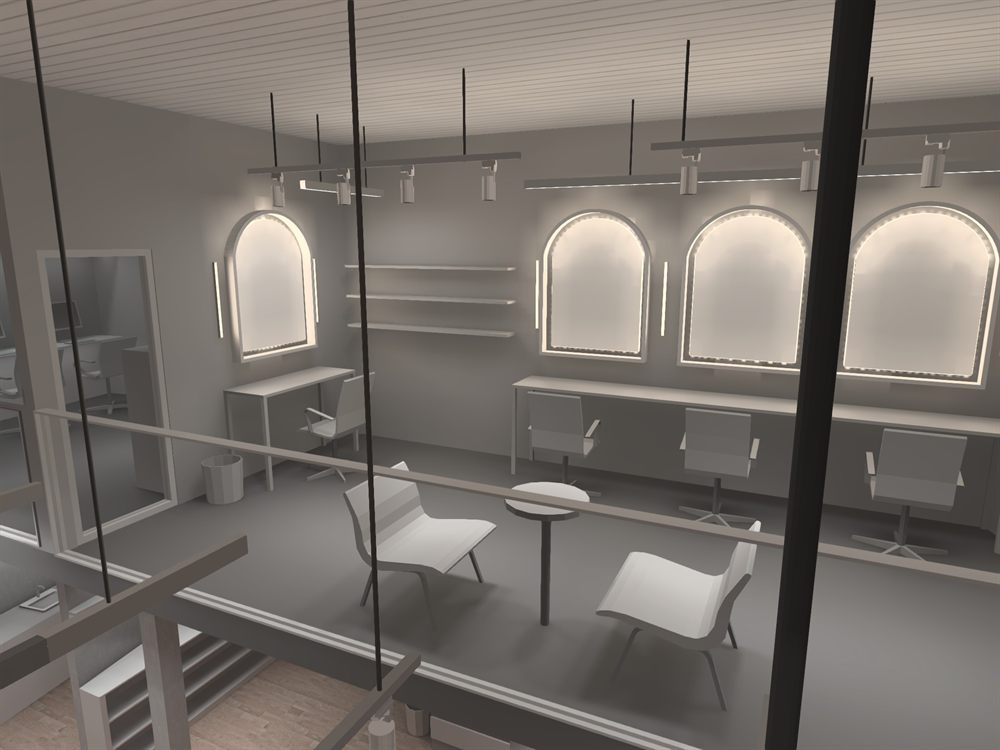 Salon styling stations with LED tape around arched mirrors and vertical wall lights