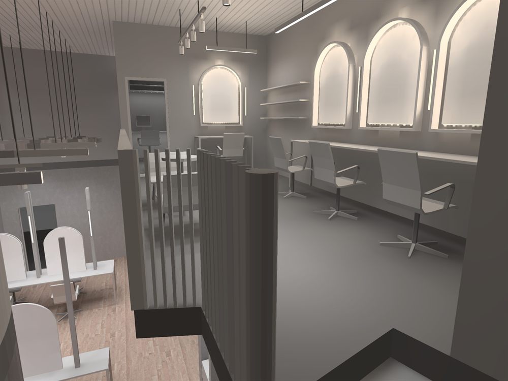 Ground floor salon lighting with suspended track, spotlights and linear pendants
