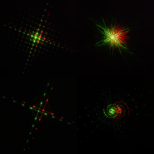 Red and green laser projector patterns in the dark