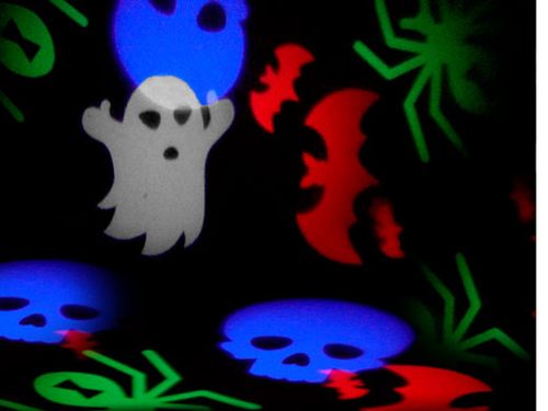 Ghosts, bats, skulls and spiders projected by a gobo light