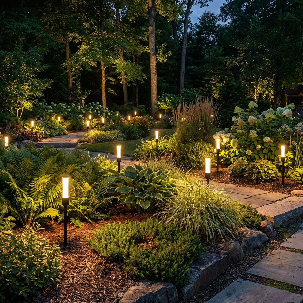 Plug and play LED spike lights in a garden