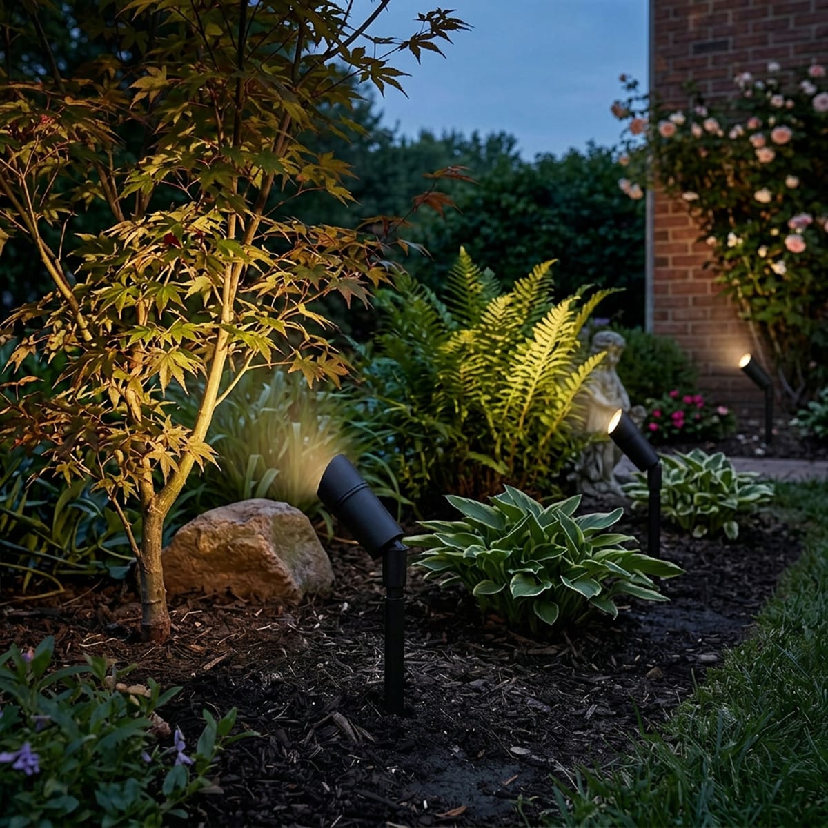 Spike lights picking out an acer and ferns in a garden border