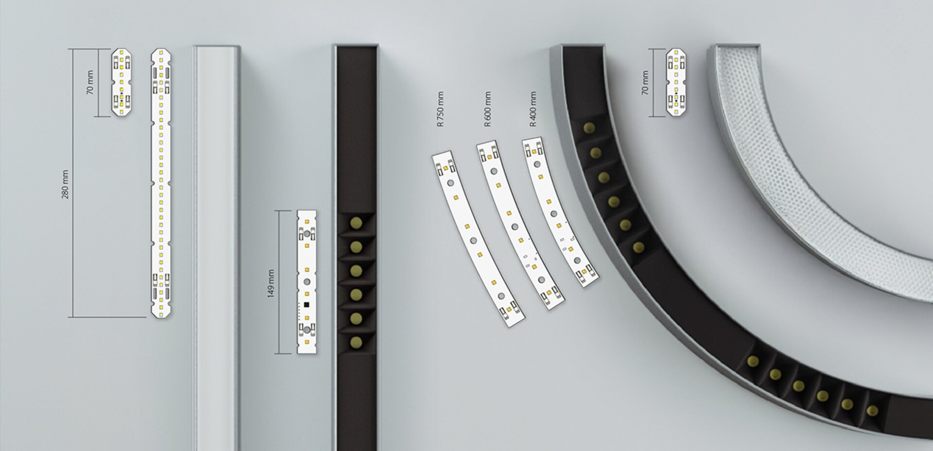 The Serpent Plus internals laid out: straight and curved LED boards with their dimensions, boards for R750, R600 and R400 radii, and the DOT and frosted covers